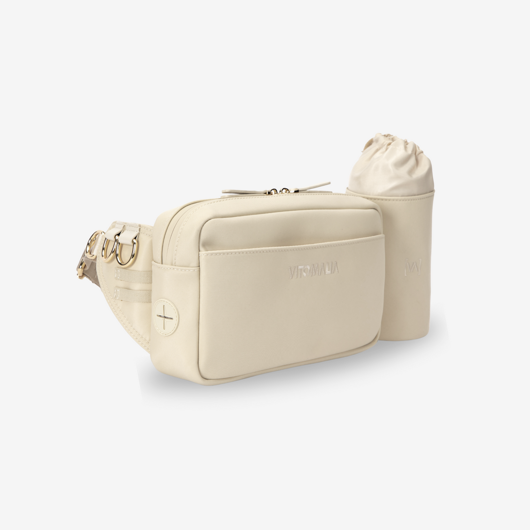 Multifunktionale Gassitasche für Hundebesitzer als Bauchtasche in Beige: Mit herausnehmbaren Leckerlifächern, Kotbeutelspender und Wasserflaschenhalter - Vitomalia - Gassitasche