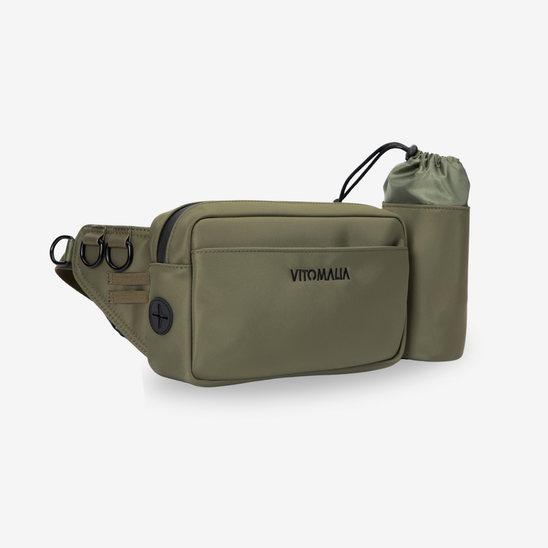 Multifunktionale Khaki Gassitasche für Hundebesitzer als Bauchtasche in Khaki: Mit herausnehmbaren Leckerlifächern, Kotbeutelspender und Wasserflaschenhalter - Vitomalia - Gassitasche