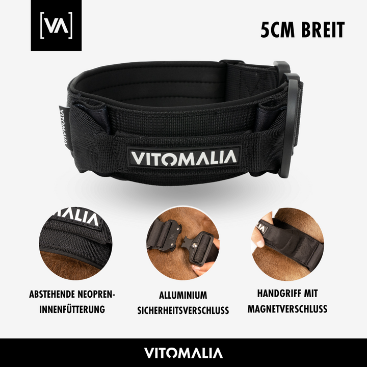 Taktisches Hundehalsband mit belastbarer Schnalle & Magnet Handgriff - Schwarz - Vitomalia - Hundehalsband Extreme Edition