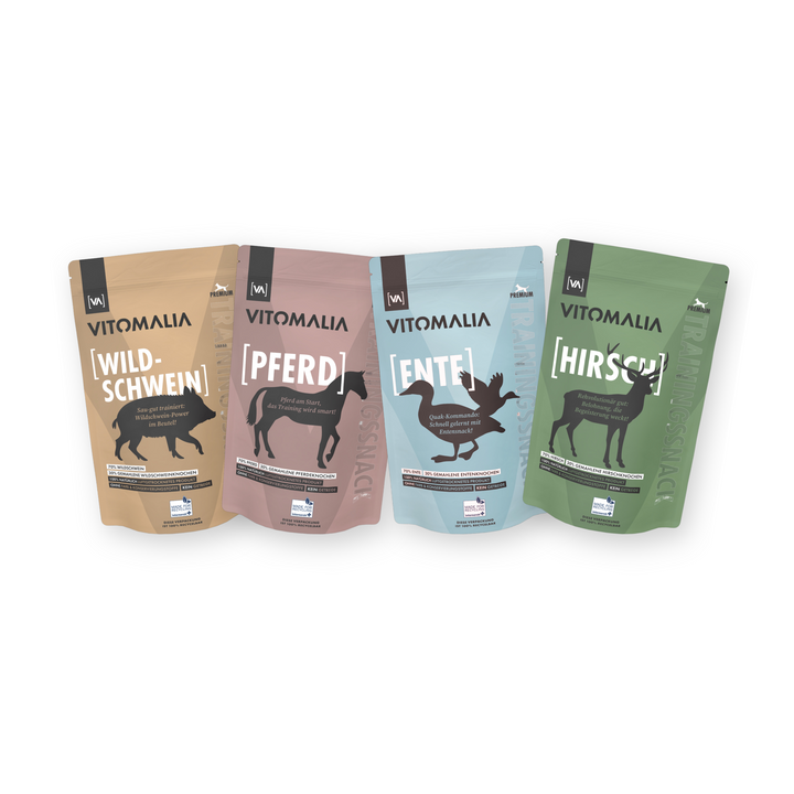 4er Trainingssnacks Bundle: Ente, Wildschwein, Pferd & Hirsch – Gesamtgewicht 2kg (4x500g) - Vitomalia - Trainingssnacks