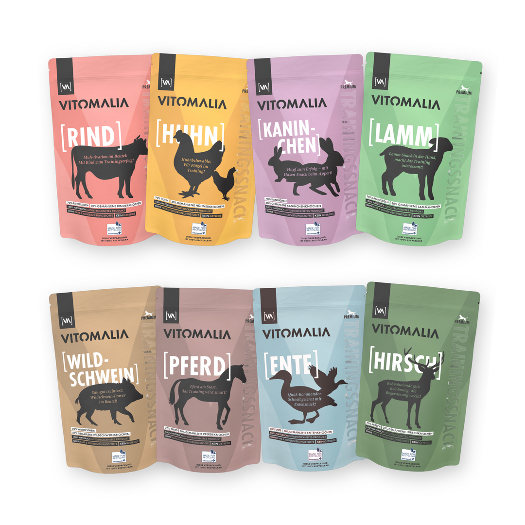 8er Trainingssnacks Bundle: Rind, Huhn, Kaninchen, Lamm, Ente, Wildschwein, Pferd & Hirsch – Gesamtgewicht 4kg (8x500g) - Vitomalia - Trainingssnacks