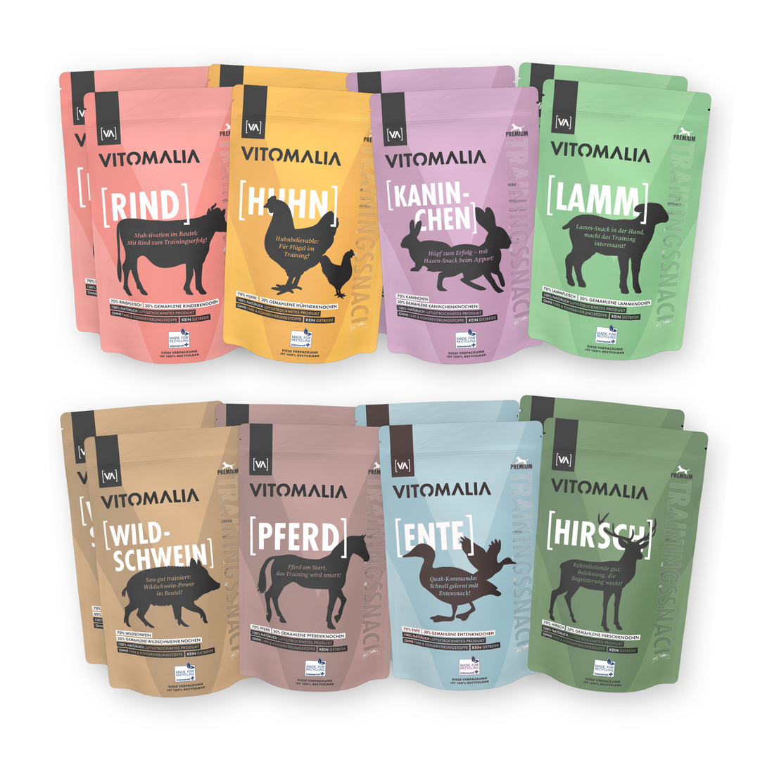 16er Trainingssnacks Bundle: Rind, Huhn, Kaninchen, Lamm, Ente, Wildschwein, Pferd & Hirsch – Gesamtgewicht 8kg (18x500g) - Vitomalia - Trainingssnacks