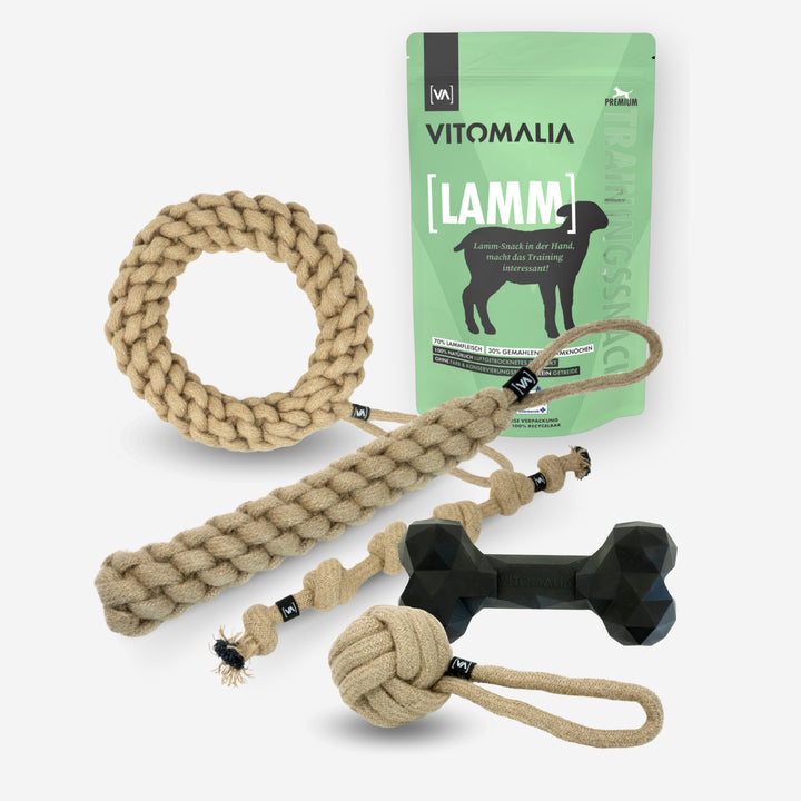 Bundle Natural Hemp Tug & Retrieve Toy + Extreme Bone & Snack da addestramento Lamb - L