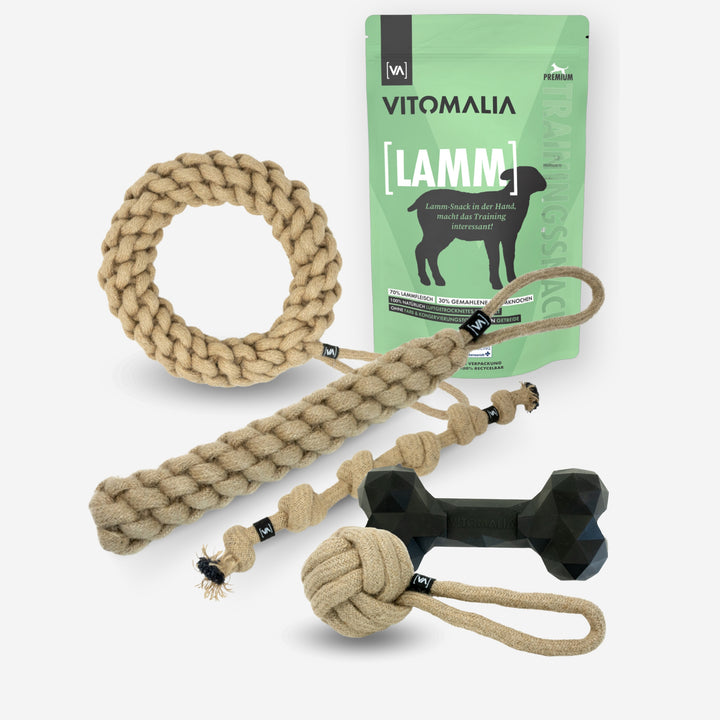 Bundle Natural Hemp Tug & Retrieve Toy + Extreme Bone & Snacks de entrenamiento Cordero - M